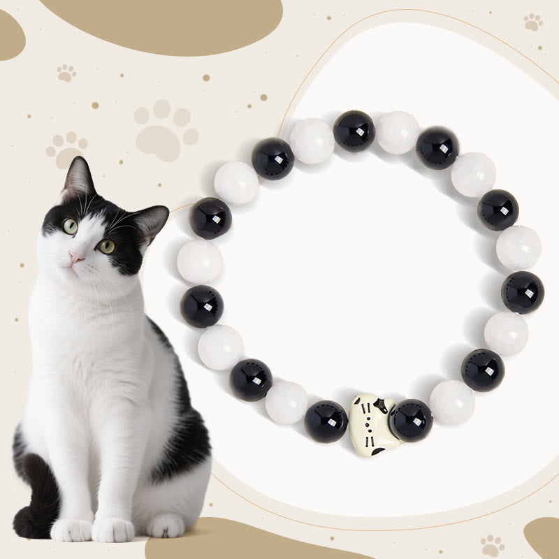 Wear FengShui Bicolor Cat Black Onyx White Chalcedony Fortune Bracelet