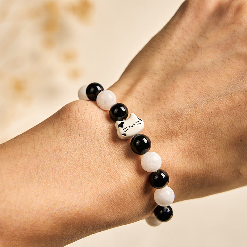 Wear FengShui Bicolor Cat Black Onyx White Chalcedony Fortune Bracelet