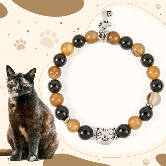 Wear FengShui Tortoiseshell Cat Light Brown Striped Agate Black Onyx Protection Bracelet