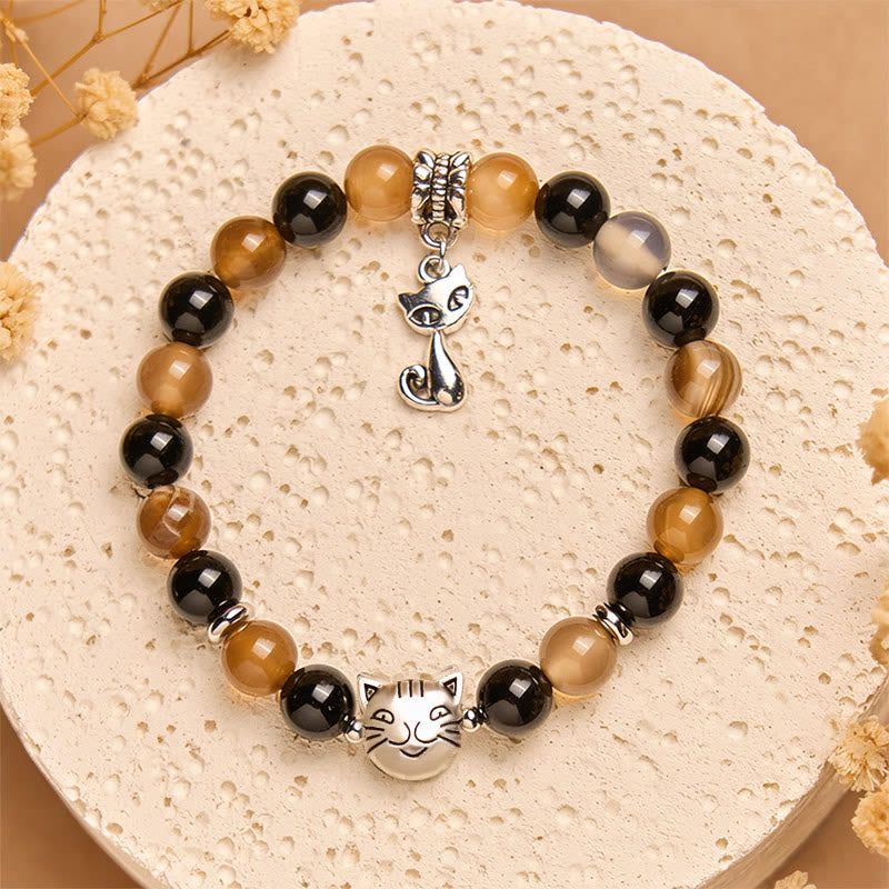 Wear FengShui Tortoiseshell Cat Light Brown Striped Agate Black Onyx Protection Bracelet