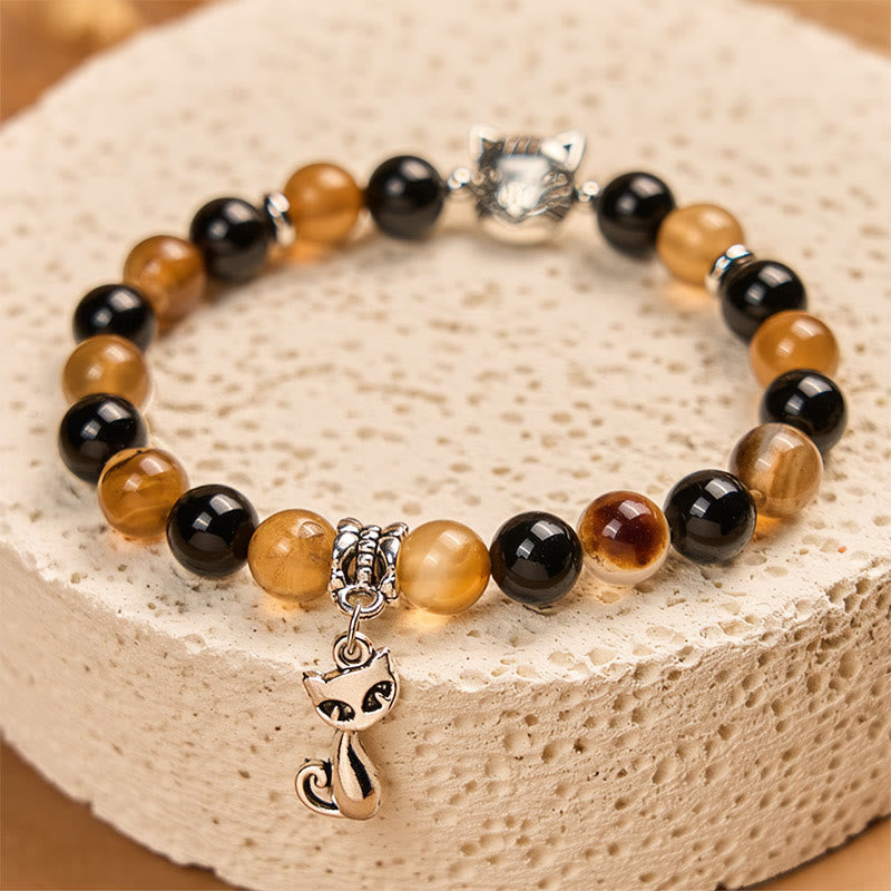 Wear FengShui Tortoiseshell Cat Light Brown Striped Agate Black Onyx Protection Bracelet
