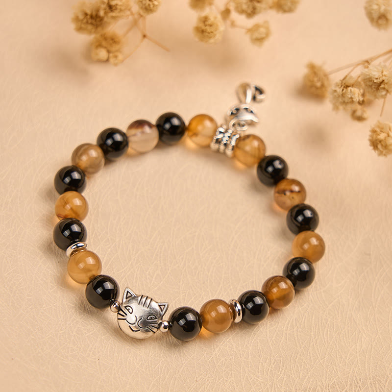 Wear FengShui Tortoiseshell Cat Light Brown Striped Agate Black Onyx Protection Bracelet