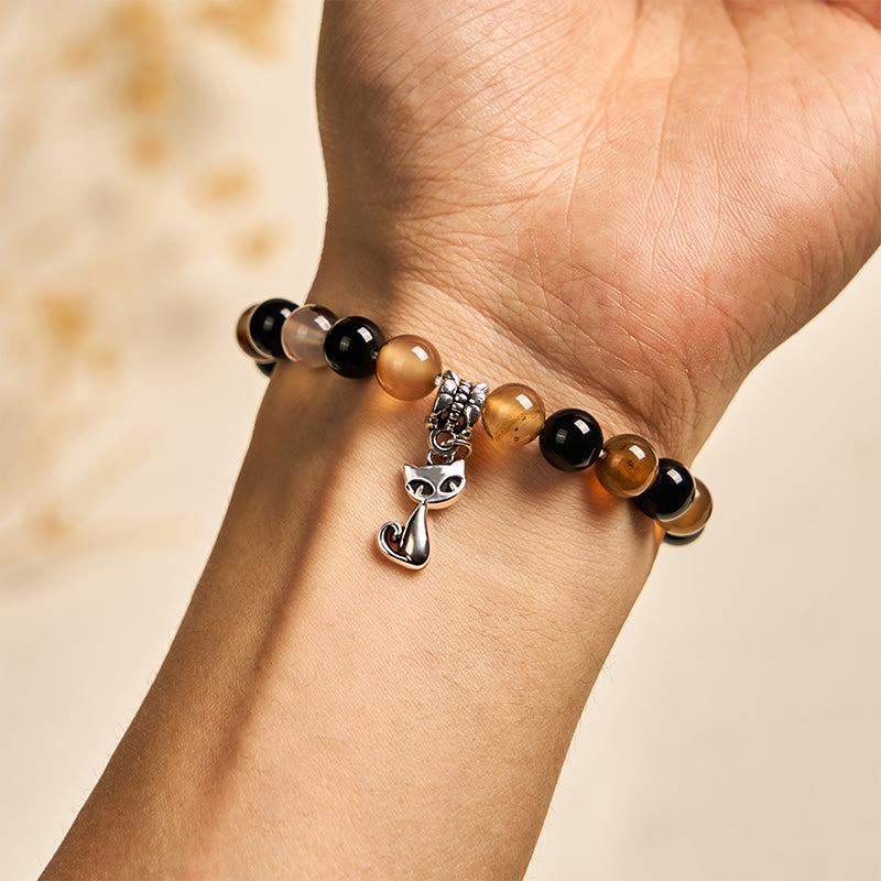 Wear FengShui Tortoiseshell Cat Light Brown Striped Agate Black Onyx Protection Bracelet