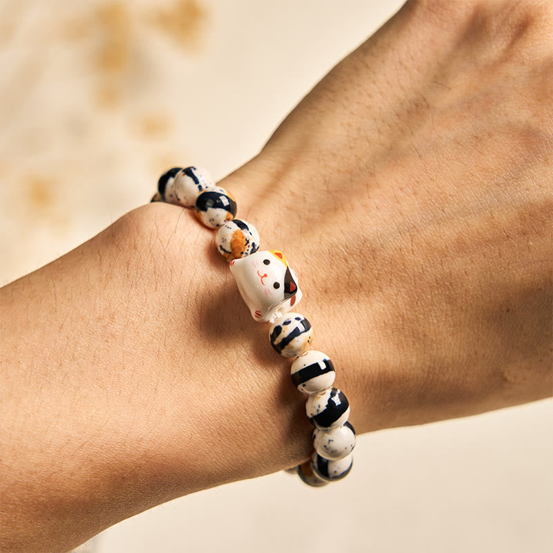 Wear FengShui Calico Cat Natural Stone Ceramic Kitten Head Strength Bracelet