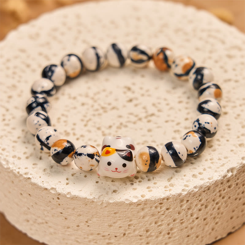 Wear FengShui Calico Cat Natural Stone Ceramic Kitten Head Strength Bracelet