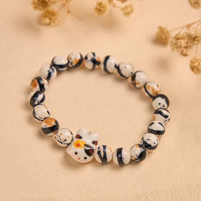 Wear FengShui Calico Cat Natural Stone Ceramic Kitten Head Strength Bracelet