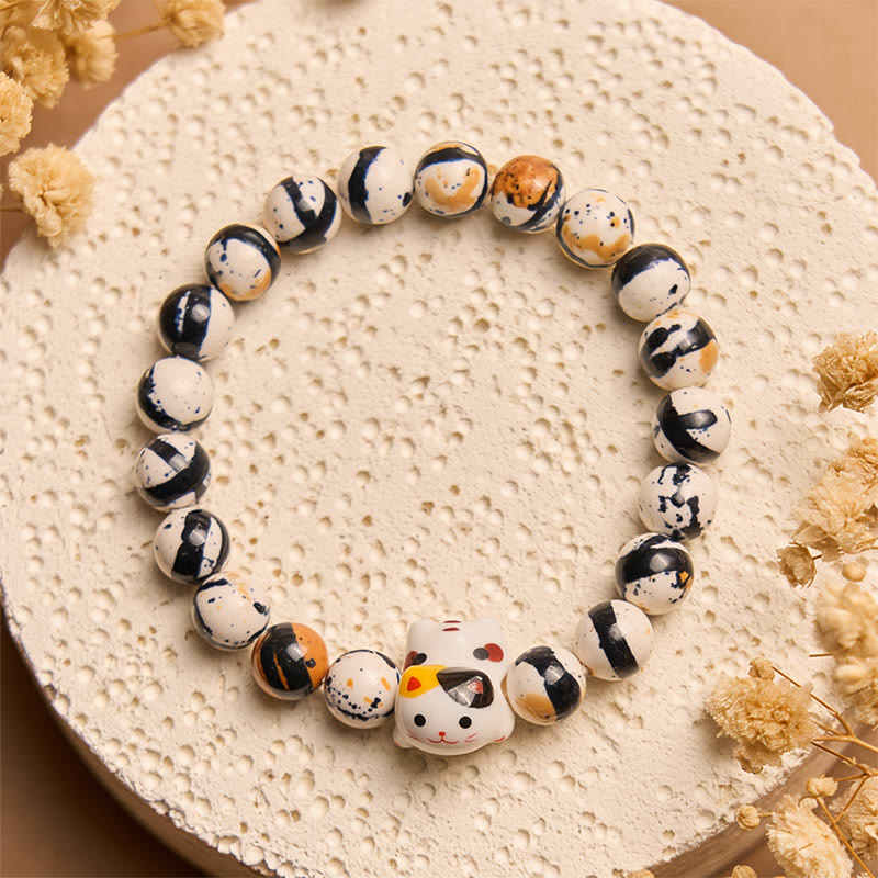 Wear FengShui Calico Cat Natural Stone Ceramic Kitten Head Strength Bracelet