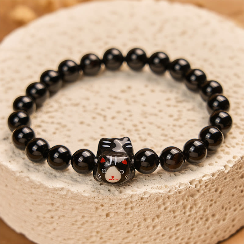 Wear FengShui Black Cat Natural Black Onyx Ceramic Kitten Support Bracelet