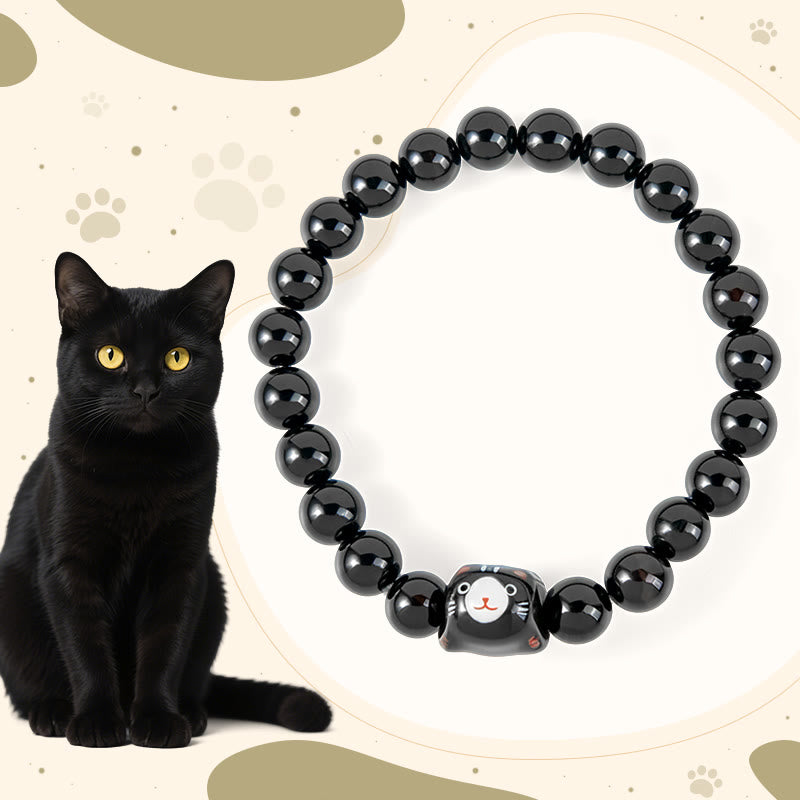 Wear FengShui Black Cat Natural Black Onyx Ceramic Kitten Support Bracelet