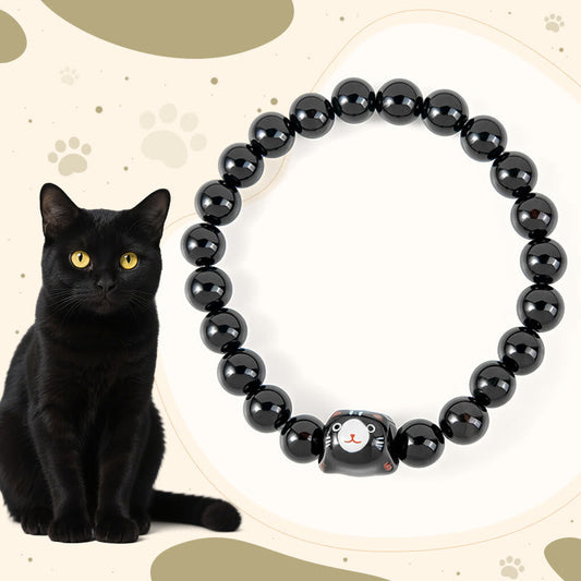 Wear FengShui Black Cat Natural Black Onyx Ceramic Kitten Support Bracelet
