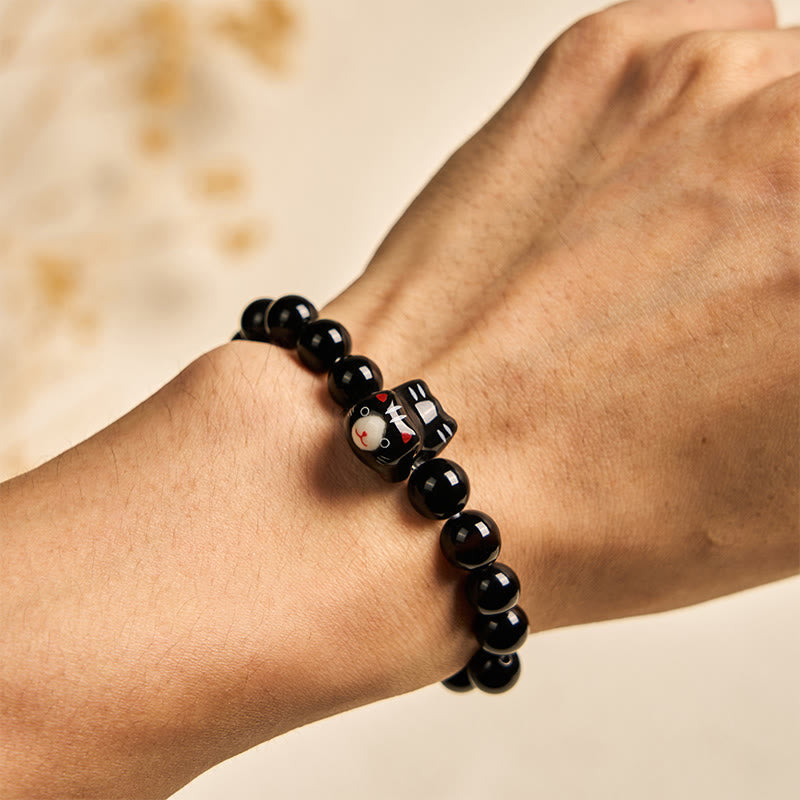 Wear FengShui Black Cat Natural Black Onyx Ceramic Kitten Support Bracelet
