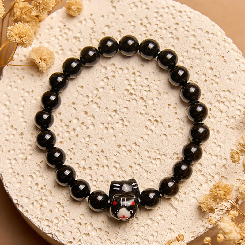 Wear FengShui Black Cat Natural Black Onyx Ceramic Kitten Support Bracelet