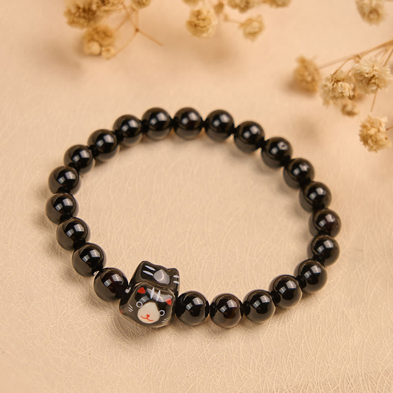 Wear FengShui Black Cat Natural Black Onyx Ceramic Kitten Support Bracelet