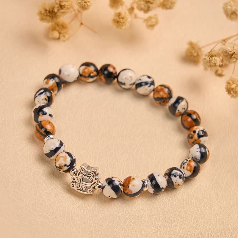 Wear FengShui 925 Sterling Silver Calico Cat Stone Bead Bracelet