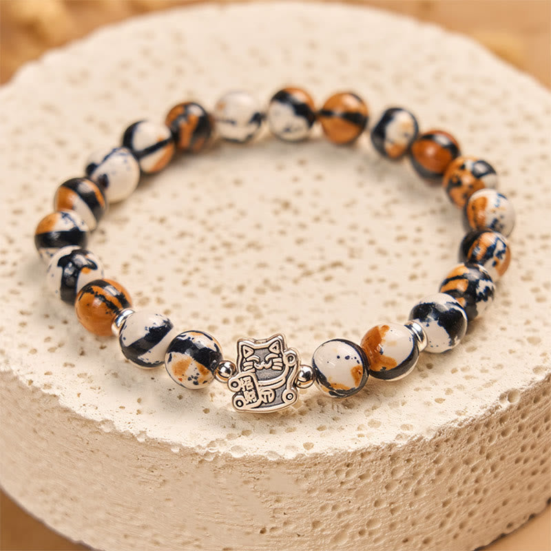 Wear FengShui 925 Sterling Silver Calico Cat Stone Bead Bracelet