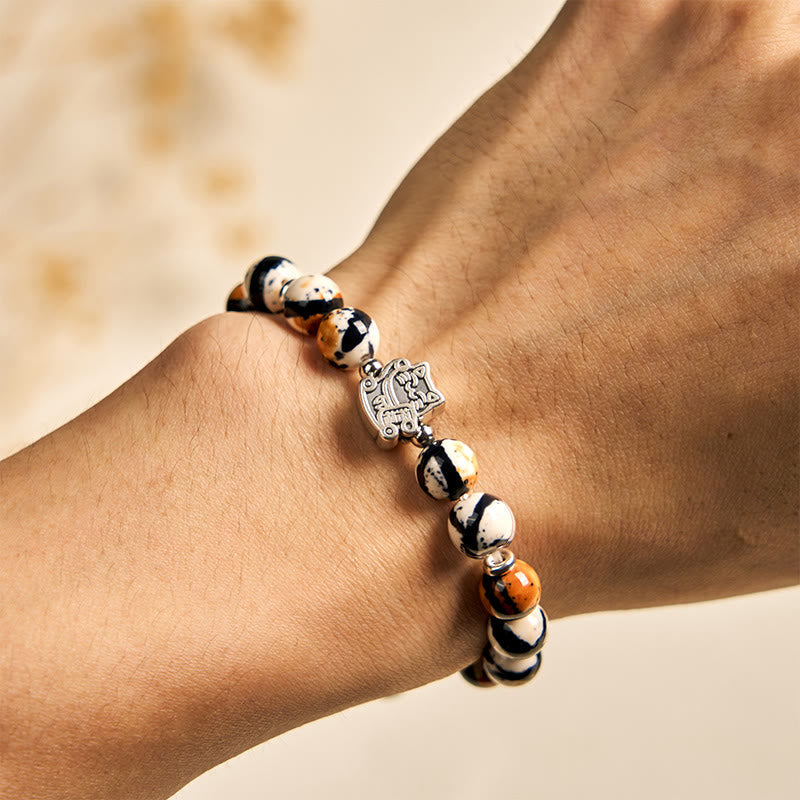 Wear FengShui 925 Sterling Silver Calico Cat Stone Bead Bracelet