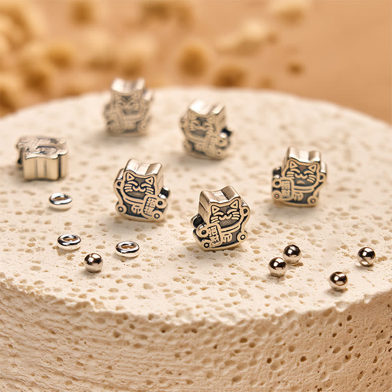 Wear FengShui 925 Sterling Silver Calico Cat Stone Bead Bracelet