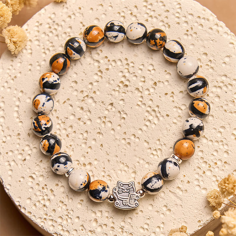 Wear FengShui 925 Sterling Silver Calico Cat Stone Bead Bracelet