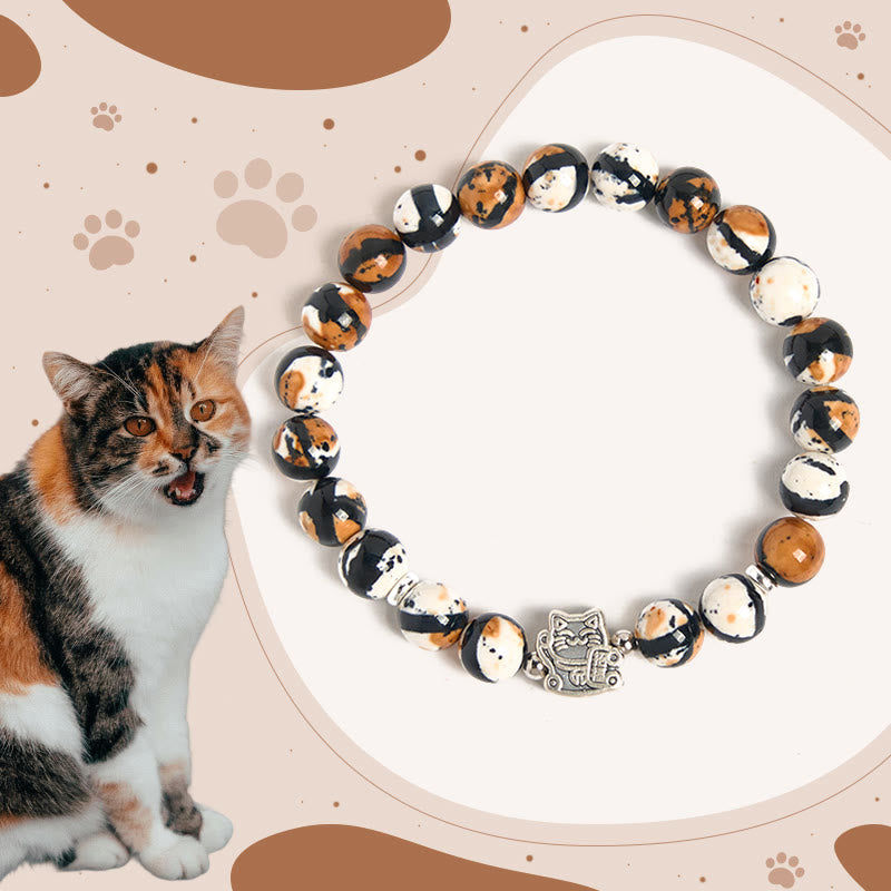 Wear FengShui 925 Sterling Silver Calico Cat Stone Bead Bracelet