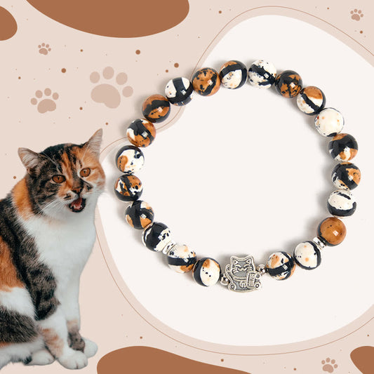 Wear FengShui 925 Sterling Silver Calico Cat Stone Bead Bracelet