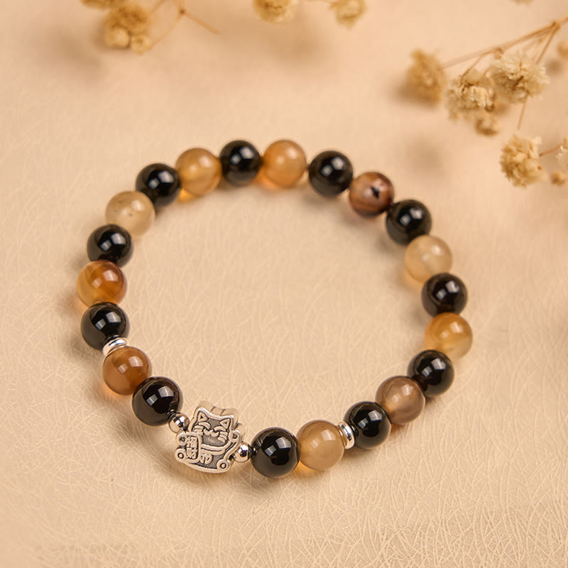 Wear FengShui 925 Sterling Silver Tortoiseshell Cat Light Brown Striped Agate Black Onyx Bracelet