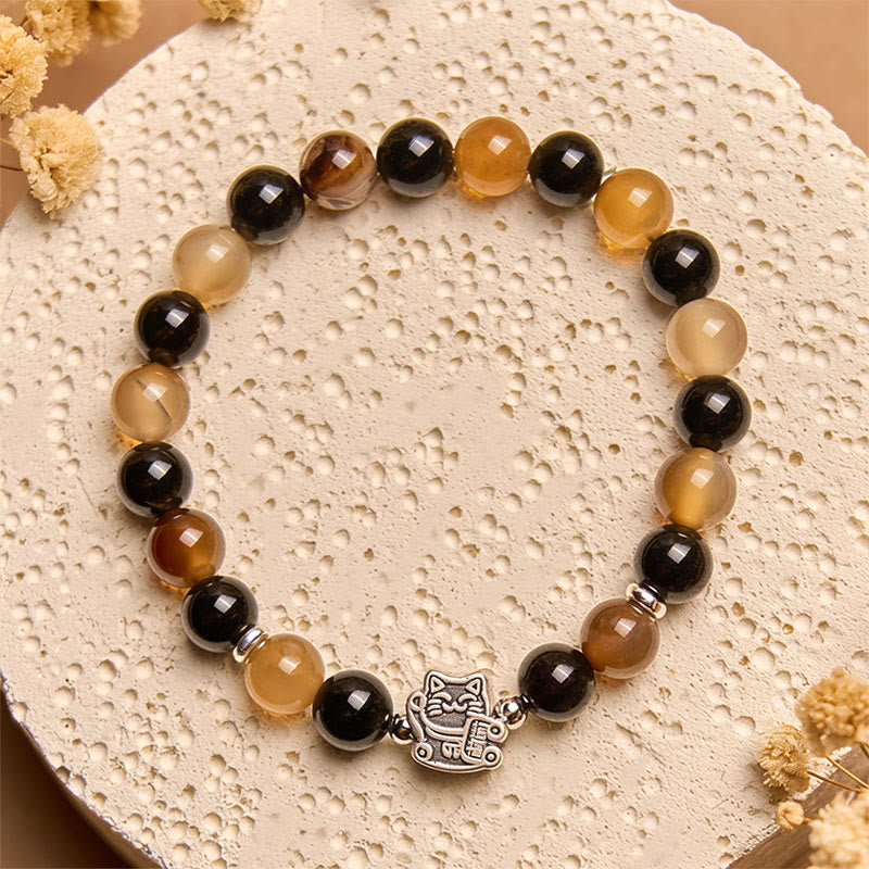Wear FengShui 925 Sterling Silver Tortoiseshell Cat Light Brown Striped Agate Black Onyx Bracelet