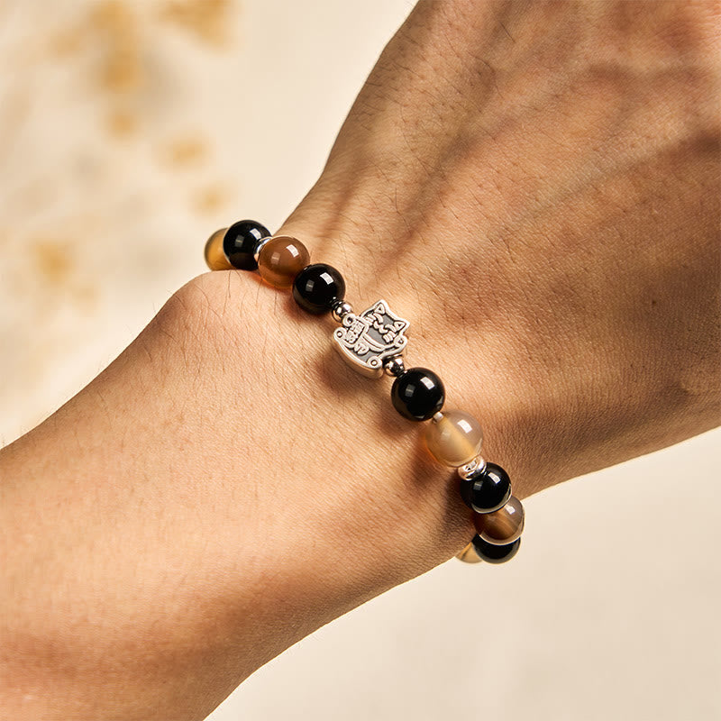 Wear FengShui 925 Sterling Silver Tortoiseshell Cat Light Brown Striped Agate Black Onyx Bracelet