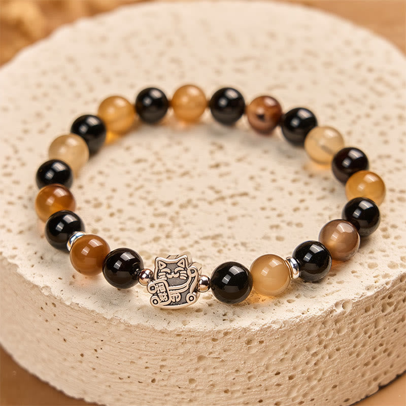 Wear FengShui 925 Sterling Silver Tortoiseshell Cat Light Brown Striped Agate Black Onyx Bracelet