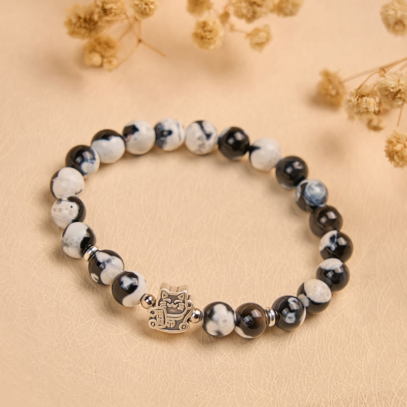 Wear FengShui 925 Sterling Silver Black and White Cat Fire Agate Bead Love Bracelet