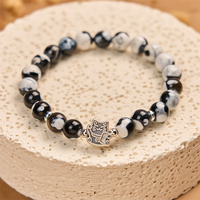 Wear FengShui 925 Sterling Silver Black and White Cat Fire Agate Bead Love Bracelet