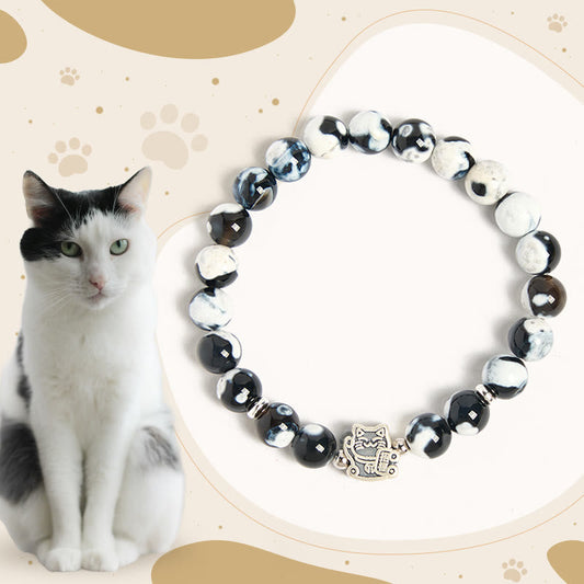 Wear FengShui 925 Sterling Silver Black and White Cat Fire Agate Bead Love Bracelet
