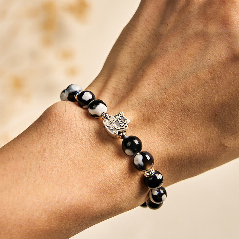 Wear FengShui 925 Sterling Silver Black and White Cat Fire Agate Bead Love Bracelet