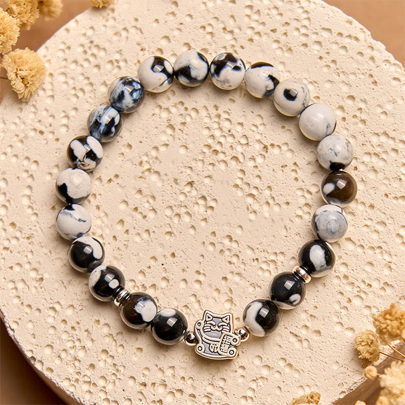 Wear FengShui 925 Sterling Silver Black and White Cat Fire Agate Bead Love Bracelet