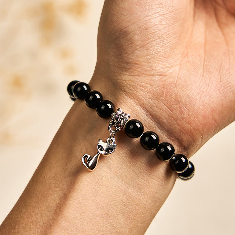 Wear FengShui Black Cat Natural Black Onyx Kitten Support Bracelet