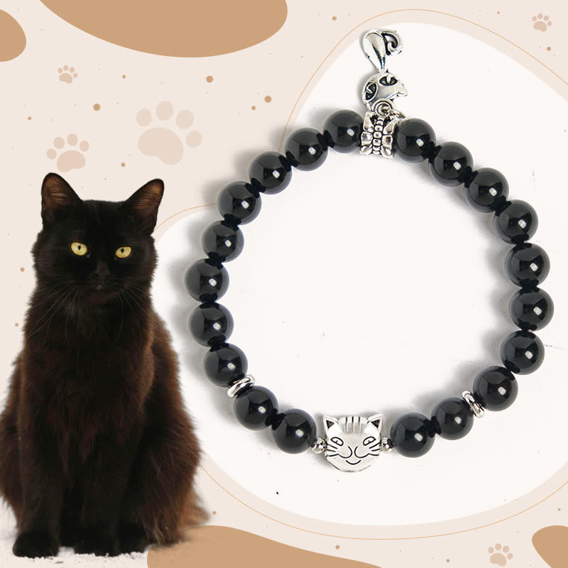 Wear FengShui Black Cat Natural Black Onyx Kitten Support Bracelet