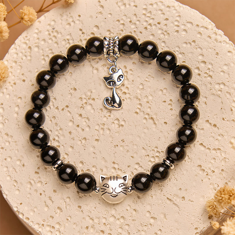 Wear FengShui Black Cat Natural Black Onyx Kitten Support Bracelet