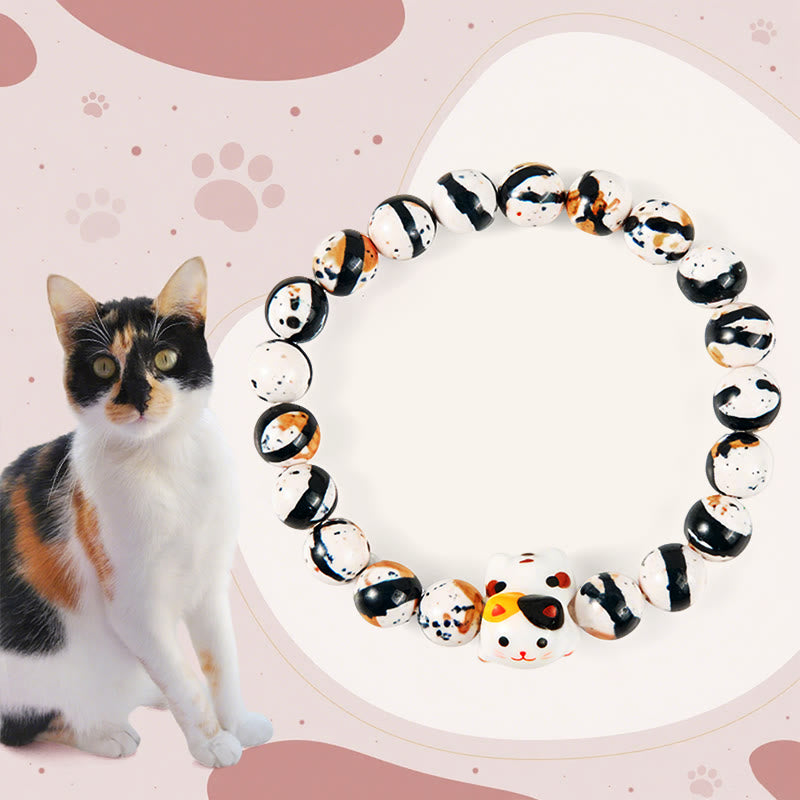 Wear FengShui Calico Cat Natural Stone Ceramic Kitten Head Strength Bracelet