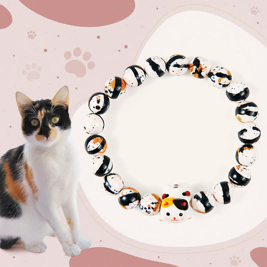 Wear FengShui Calico Cat Natural Stone Ceramic Kitten Head Strength Bracelet
