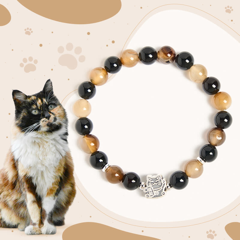 Wear FengShui 925 Sterling Silver Tortoiseshell Cat Light Brown Striped Agate Black Onyx Bracelet