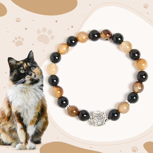 Wear FengShui 925 Sterling Silver Tortoiseshell Cat Light Brown Striped Agate Black Onyx Bracelet