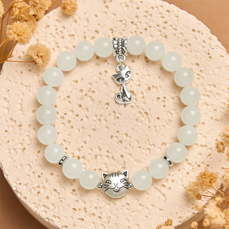 Wear FengShui White Cat White Jade Luck Blessing Bracelet