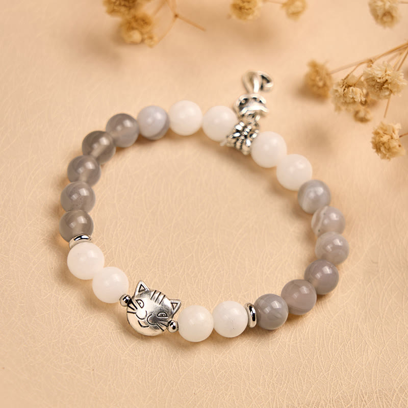 Wear FengShui Ragdoll Cat Gray Striped Agate Chalcedony Support Bracelet