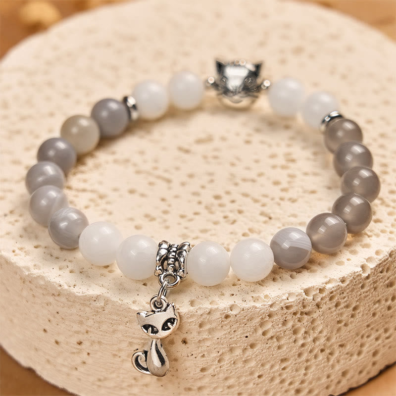 Wear FengShui Ragdoll Cat Gray Striped Agate Chalcedony Support Bracelet