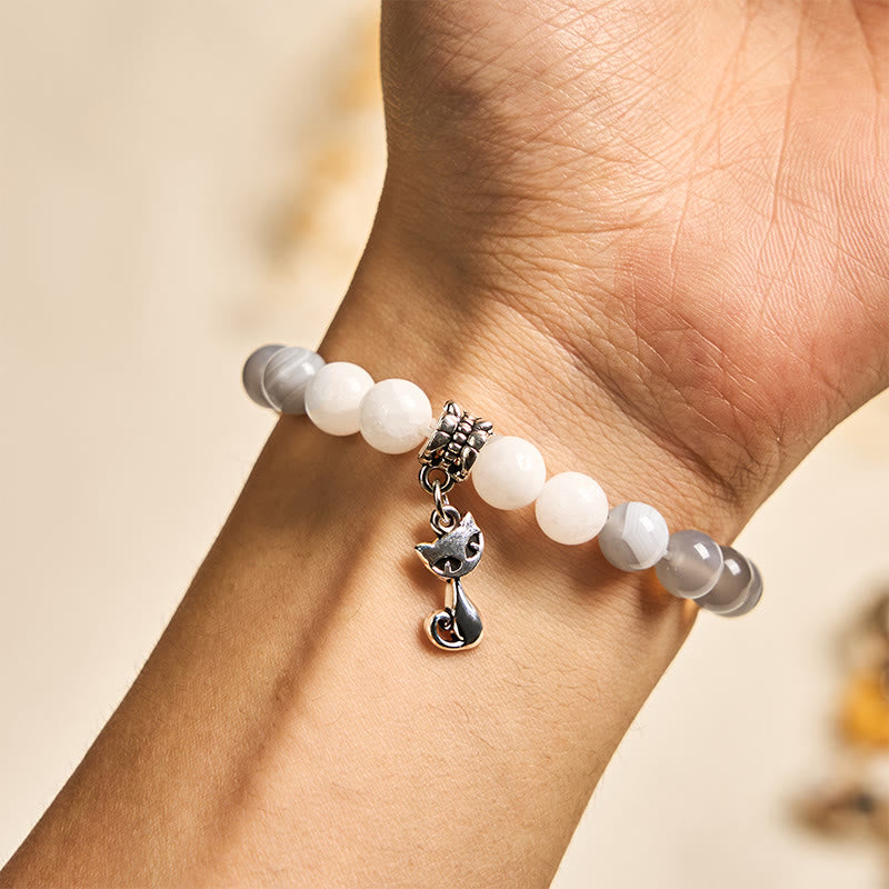 Wear FengShui Ragdoll Cat Gray Striped Agate Chalcedony Support Bracelet