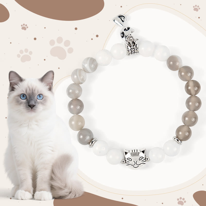 Wear FengShui Ragdoll Cat Gray Striped Agate Chalcedony Support Bracelet
