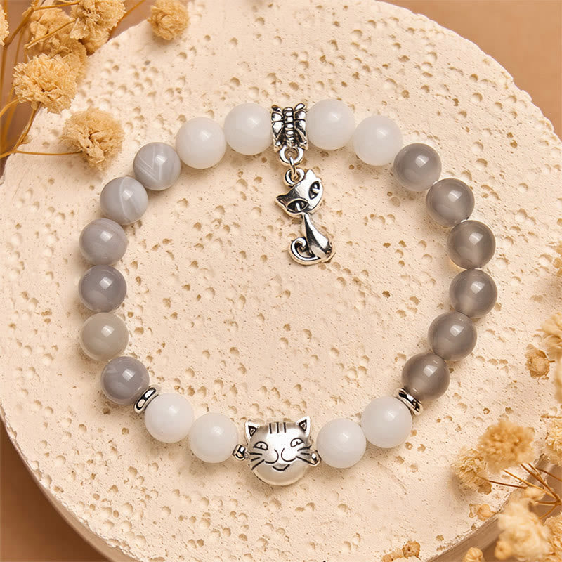 Wear FengShui Ragdoll Cat Gray Striped Agate Chalcedony Support Bracelet