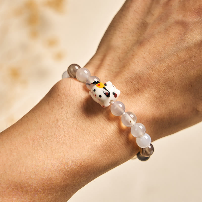 Wear FengShui Calico Cat Natural Agate Stone Ceramic Kitten Head Power Bracelet