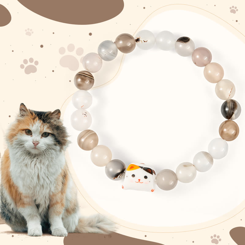 Wear FengShui Calico Cat Natural Agate Stone Ceramic Kitten Head Power Bracelet