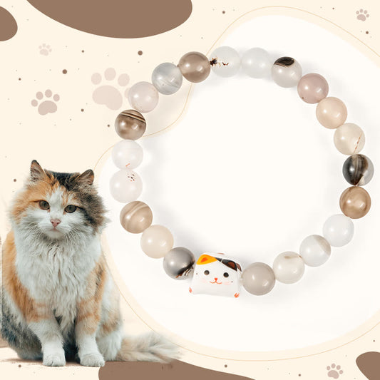 Wear FengShui Calico Cat Natural Agate Stone Ceramic Kitten Head Power Bracelet
