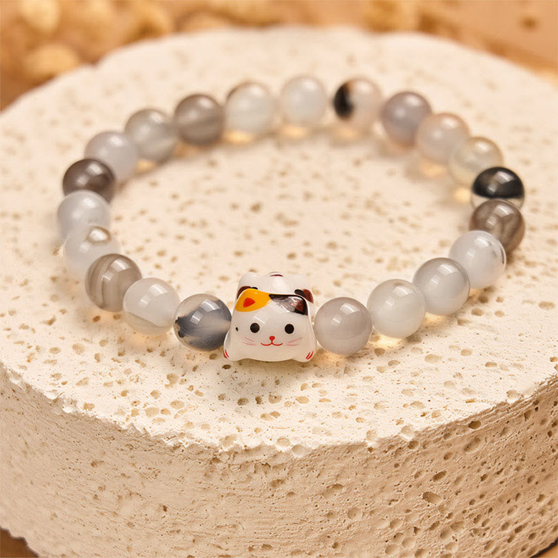 Wear FengShui Calico Cat Natural Agate Stone Ceramic Kitten Head Power Bracelet